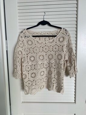 Ultra Pink Crochet Openwork Sweater Top in Cream